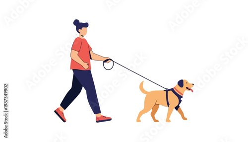 A woman walking her dog in a suburban neighborhood with a house background