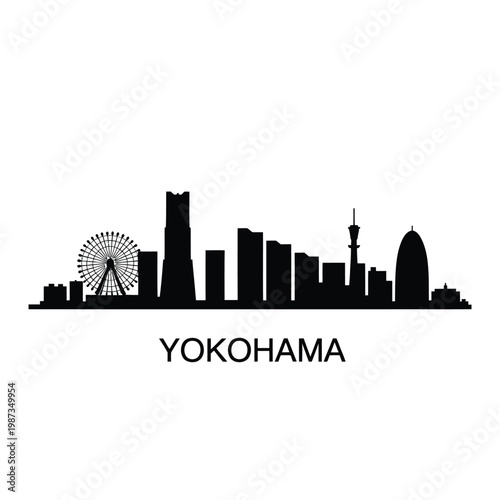 Yokohama skyline silhouette with a ferris wheel and modern buildings