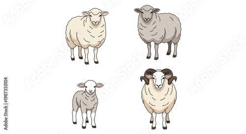 Cartoon sheep vector characters set with ram and lamb isolated on white background flat illustration