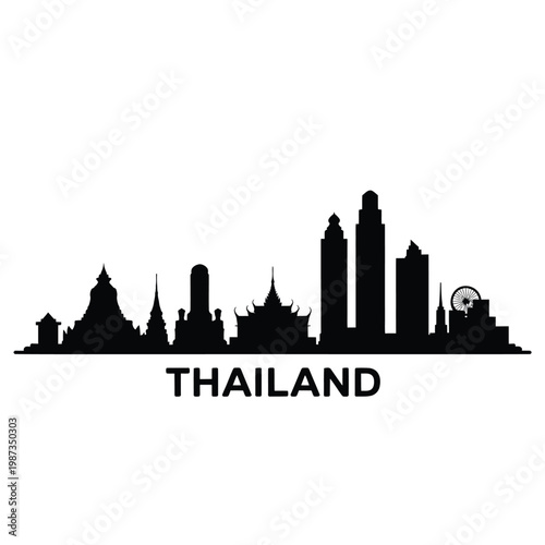 Black silhouette of a city skyline with the word thailand underneath
