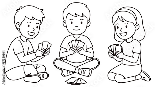 Children playing card game sitting on floor in outline style.