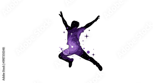 Silhouette Of A Person Jumping With A Cosmic Nebula Inside