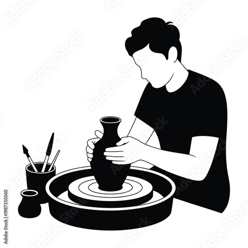 A potter carefully shapes a vase on a spinning pottery wheel