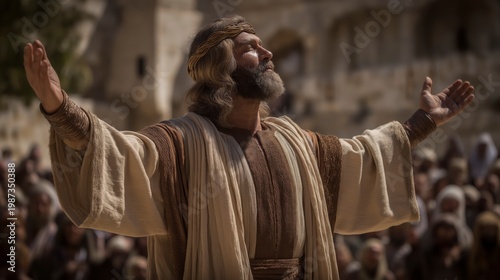 Solomon stands on a bronze platform before the altar with raised hands, as Israel gathers under a clear sky, expressing worship, unity, and dedication.
