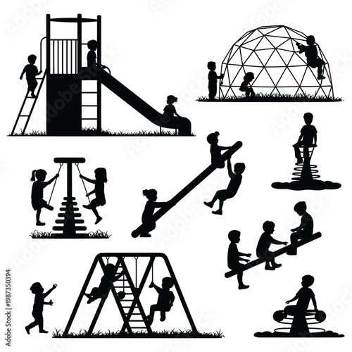 Children playing on diverse playground equipment in a black silhouette style