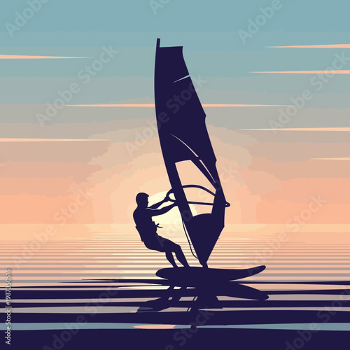 Silhouette Of A Windsurfer Gliding Across Water At Sunset