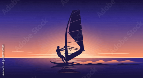 Silhouette Of A Windsurfer Riding Waves At Sunset