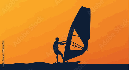 Silhouette Of A Windsurfer Riding Waves During A Vibrant Sunset Sky