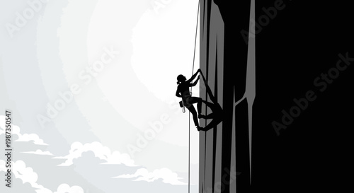 Silhouette Of A Woman Rock Climbing A Steep Cliff Face Against A Cloudy Sky