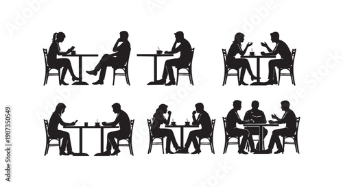 People sitting at cafe tables set silhouette vector illustration man and woman talking drinking coffee using smartphone.