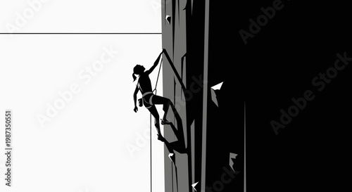 Silhouette Of A Woman Rock Climbing A Steep Vertical Wall With A Rope