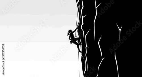 Silhouette Of A Woman Ascending A Towering Rock Face With Determination