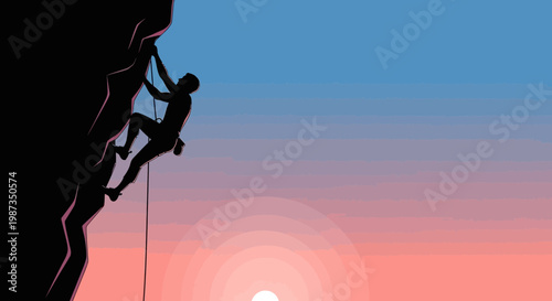 Silhouette Of Climber Ascending Rocky Cliff During Sunset Sky