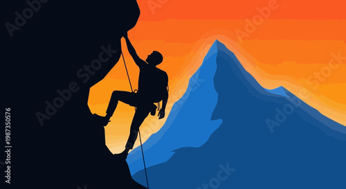 Silhouette Of Climber Ascending Rocky Peak Against Vibrant Sunset Sky
