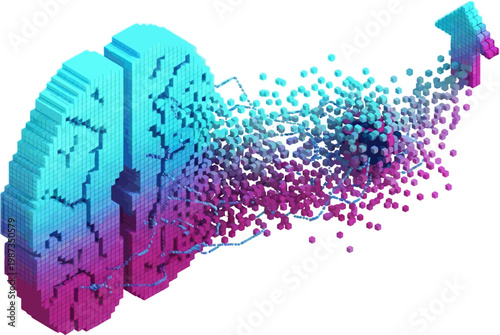 3D pixelated brain transforming into a swarm of particles forming an arrow, symbolizing innovation and progress