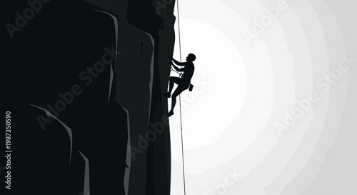 Silhouette Of Climber Scaling Vertical Rock Face In Dynamic Illustration