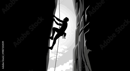 Silhouette Of Man Climbing Rock Face With Rope Above Clouds