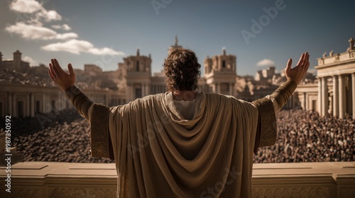 Solomon stands on a bronze platform before the altar with raised hands, as Israel gathers under a clear sky, expressing worship, unity, and dedication.
