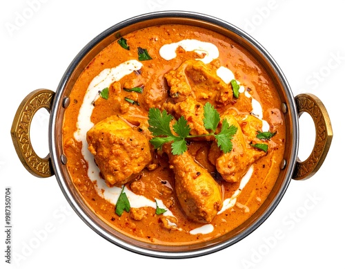 A top-down view of a flavorful, creamy, orange-hued dish served in a traditional metal bowl. Garnished with white cream, herbs