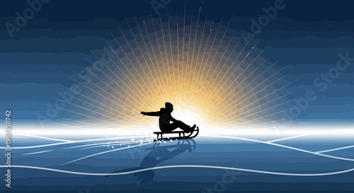 Silhouette Rider On Sledge Against Radiant Sunset Sky And Icy Terrain