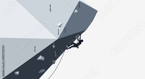 Silhouette Rock Climber Ascending Steep Angular Cliff Face