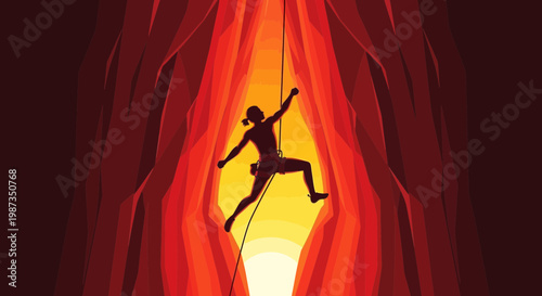 Silhouette Rock Climber Ascending Through Fiery Gorge At Sunset