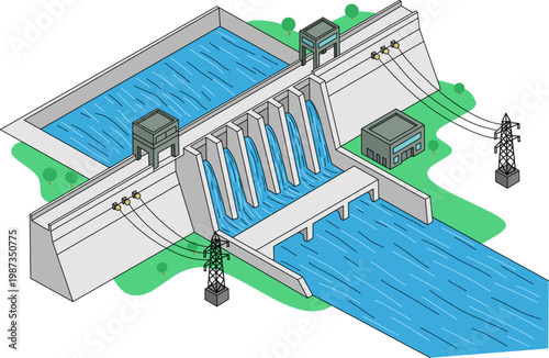 Technology dam in a power plant harnesses flowing waters energy. Suitable for renewable energy, future technology, hydroelectric power concepts.