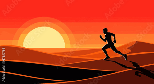 Silhouette Runner Against Dramatic Desert Sunset Landscape