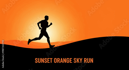Silhouette Runner Against Vibrant Orange Sunset Sky Landscape