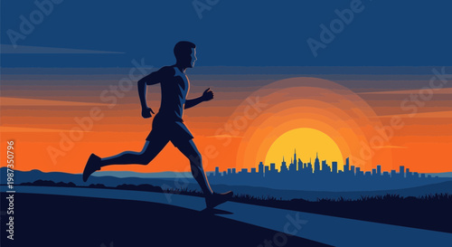 Silhouette Runner Against Vibrant Sunset Cityscape