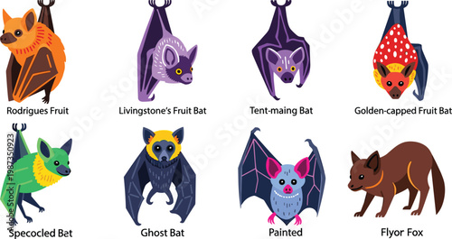 Colorful Bat and Flying Fox Collection with Various Exotic Species Isolated on White
