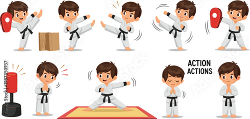 Cute Little Boy Character In Karate Kimono Practicing Martial Arts Poses Kick Punch And Bow Cartoon Vector Illustration Isolated On White Background