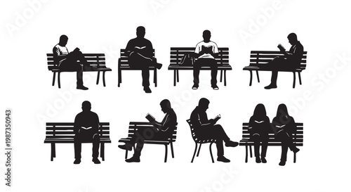 People sitting on benches reading books silhouettes set diverse individuals enjoying literature in park outdoor leisure and quiet contemplation.