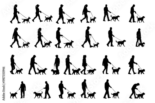 Person Walking Dog Silhouette Vector Set | Pet Walking Outdoor Lifestyle Figures Collection