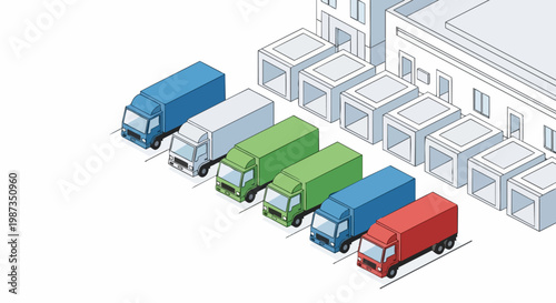 Isometric Illustration of Delivery Trucks Parked at a Warehouse Loading Dock for Logistics and Supply Chain Management