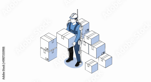 Isometric Illustration of a Worker Wearing a Powered Exoskeleton Suit Lifting Boxes in a Warehouse for Industrial Logistics and Ergonomic Safety