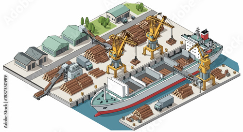 Isometric timber port logistics illustration featuring cargo ship, harbor cranes loading wood logs, and industrial warehouse facilities for export and global trade.