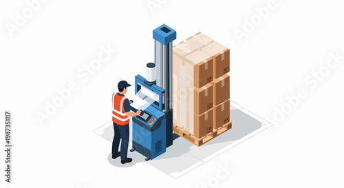 Isometric Warehouse Worker Operating Automated Pallet Stretch Wrap Machine for Shipping and Logistics