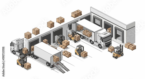 Isometric Warehouse Logistics Illustration with Delivery Trucks, Forklifts, and Cargo Boxes in a Distribution Center Loading Dock