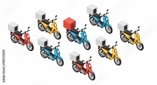 Isometric Delivery Scooters Fleet, Vector Motorbike Courier Service for Food and Package Logistics