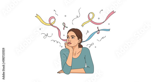 Woman thinking with colorful streamers floating.