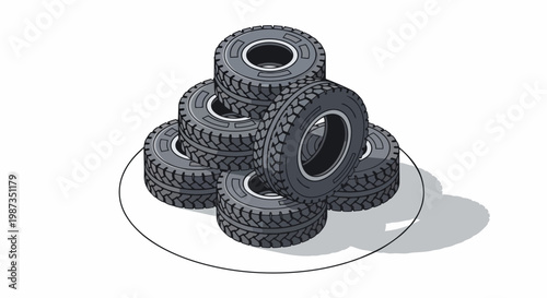 Isometric Stack of Vehicle Rubber Tires for Automotive Service, Car Maintenance, and Tire Replacement Illustration