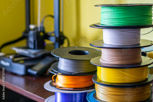 Photos Colorful 3D printing filament spools stacked next to a 3D printer
