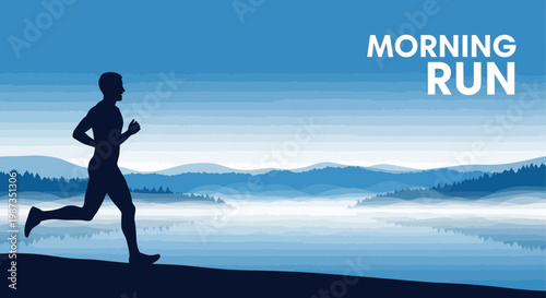 Silhouette Runner On Misty Mountain Landscape At Dawn