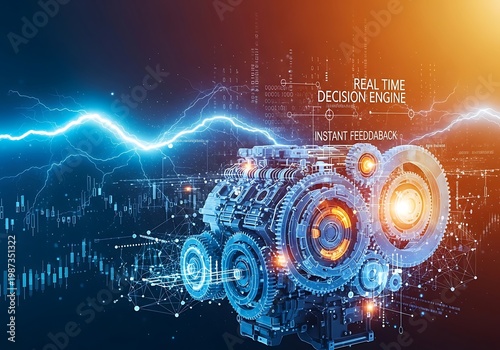 Advanced AI system processing real-time data with glowing circuits and energy sparks