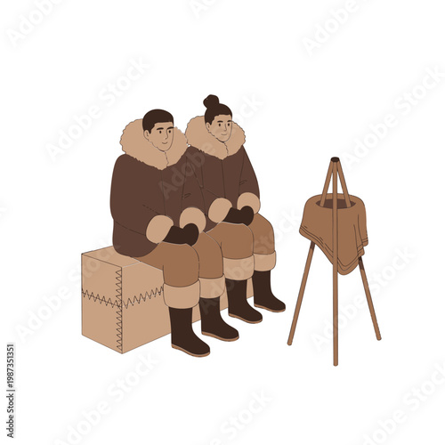 Two inuit people seated near a small fire depicted in illustration style