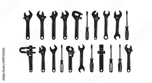 Professional hand tools and wrenches silhouettes collection for industrial repair and construction vector illustration.