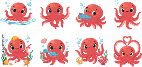 Cute Red Octopus Character Set Collection Featuring Various Poses Underwater With Fish Bubbles And Heart Tentacles Cartoon Vector Illustration Isolated On White Background