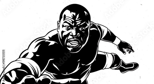 Dynamic Black and White Illustration of a Powerful Wrestler in Action.