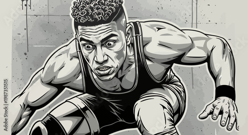 Dynamic black and white illustration of a male wrestler in a ready stance.